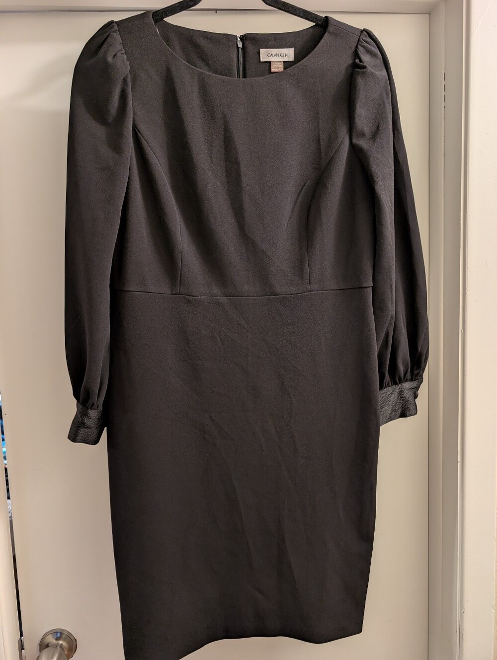 Calvin Klein Black Long-Sleeve Puff-Sleeve Sheath Dress With Satin Cuffs 12P
